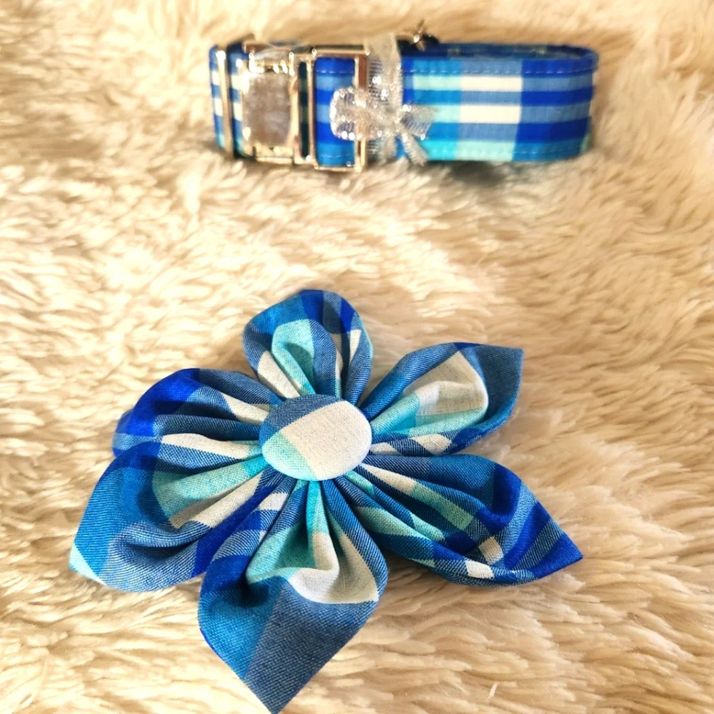 DOGWONG Blue Plaid Cotton Collar and Bow